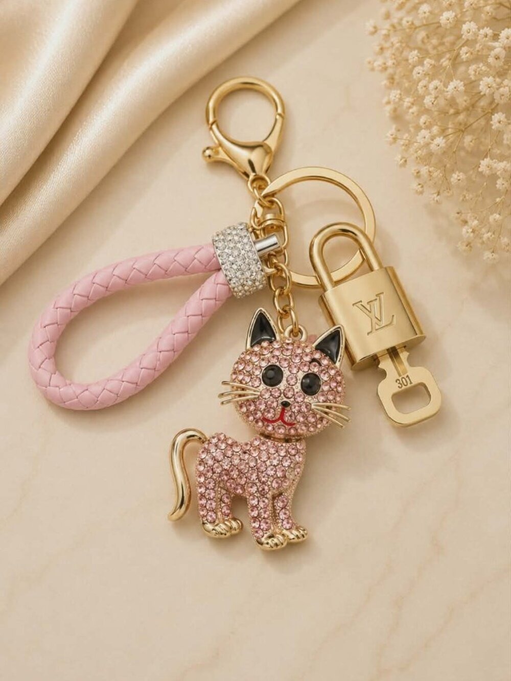 Louis Vuitton Authentic Gold Padlock 🔑 Key + Stylish Bag Unbranded Cat Charm